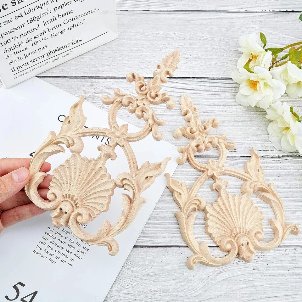 2PCS Carved Wood Appliques Onlays Wooden Decal Corner Frame 7.5×4.6inch Unpai