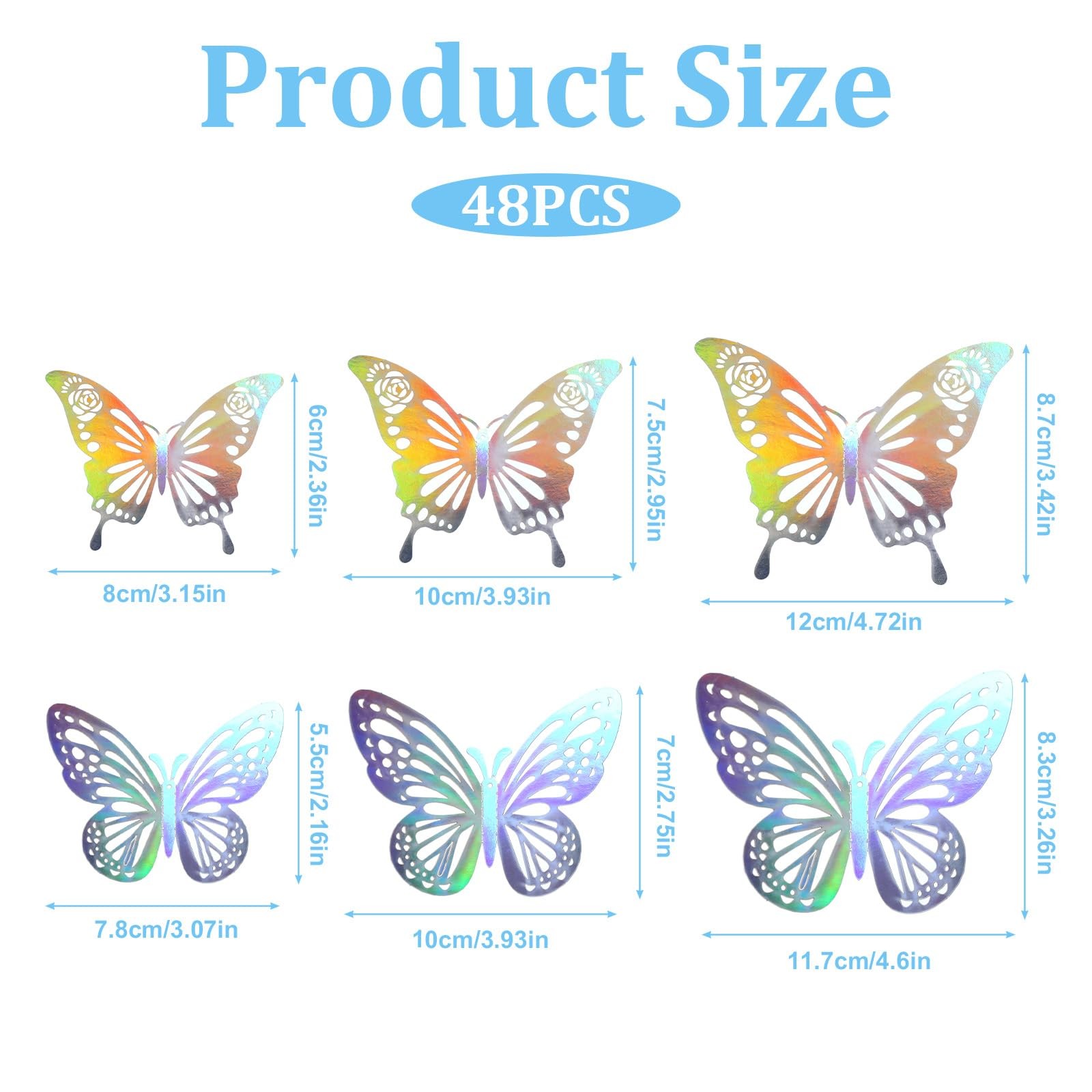 48Pcs 3D Laser Sivery Butterfly Wall Decor 2 Styles 3 Sizes Silver