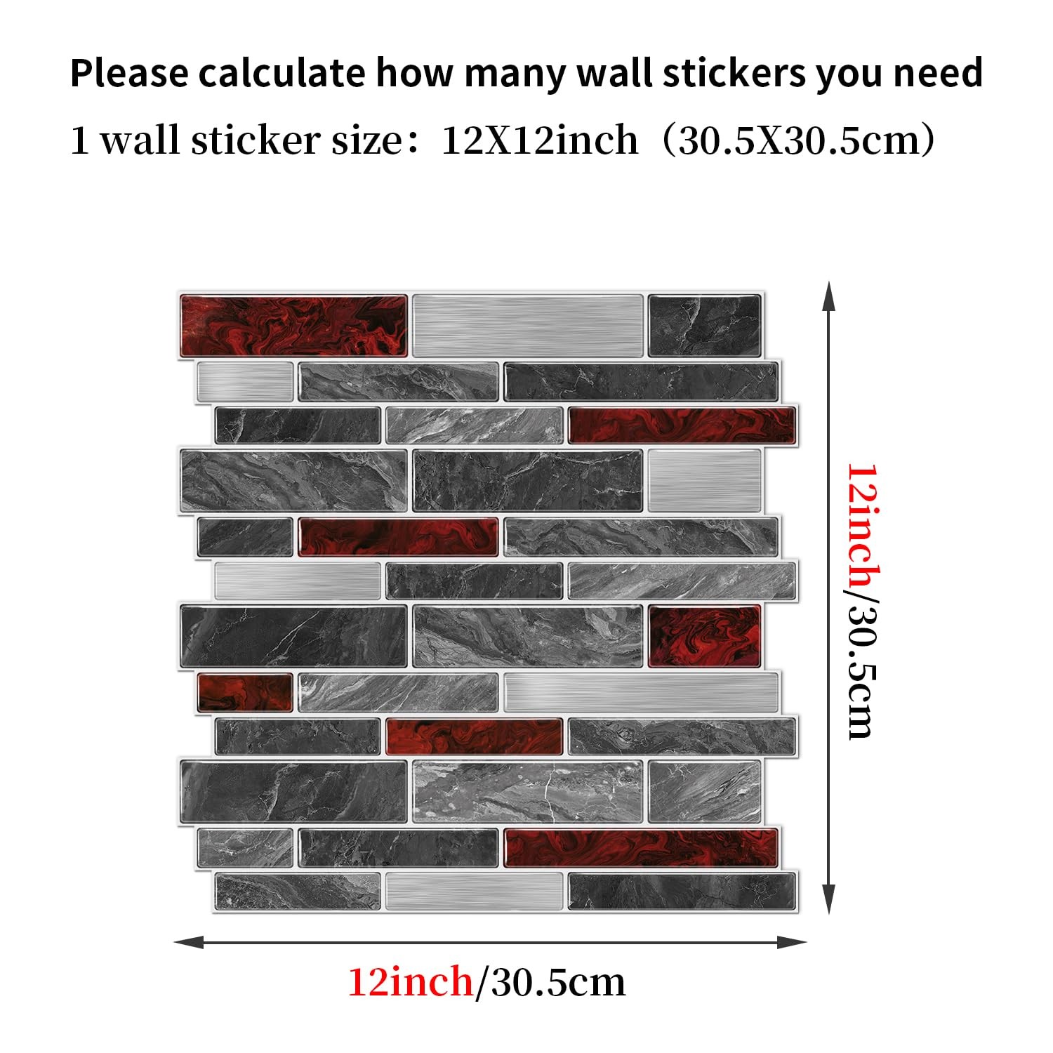 10 Sheets 12" x12inch Black and Red Marble Effect Vinyl Tiles, Backsplash, Se…