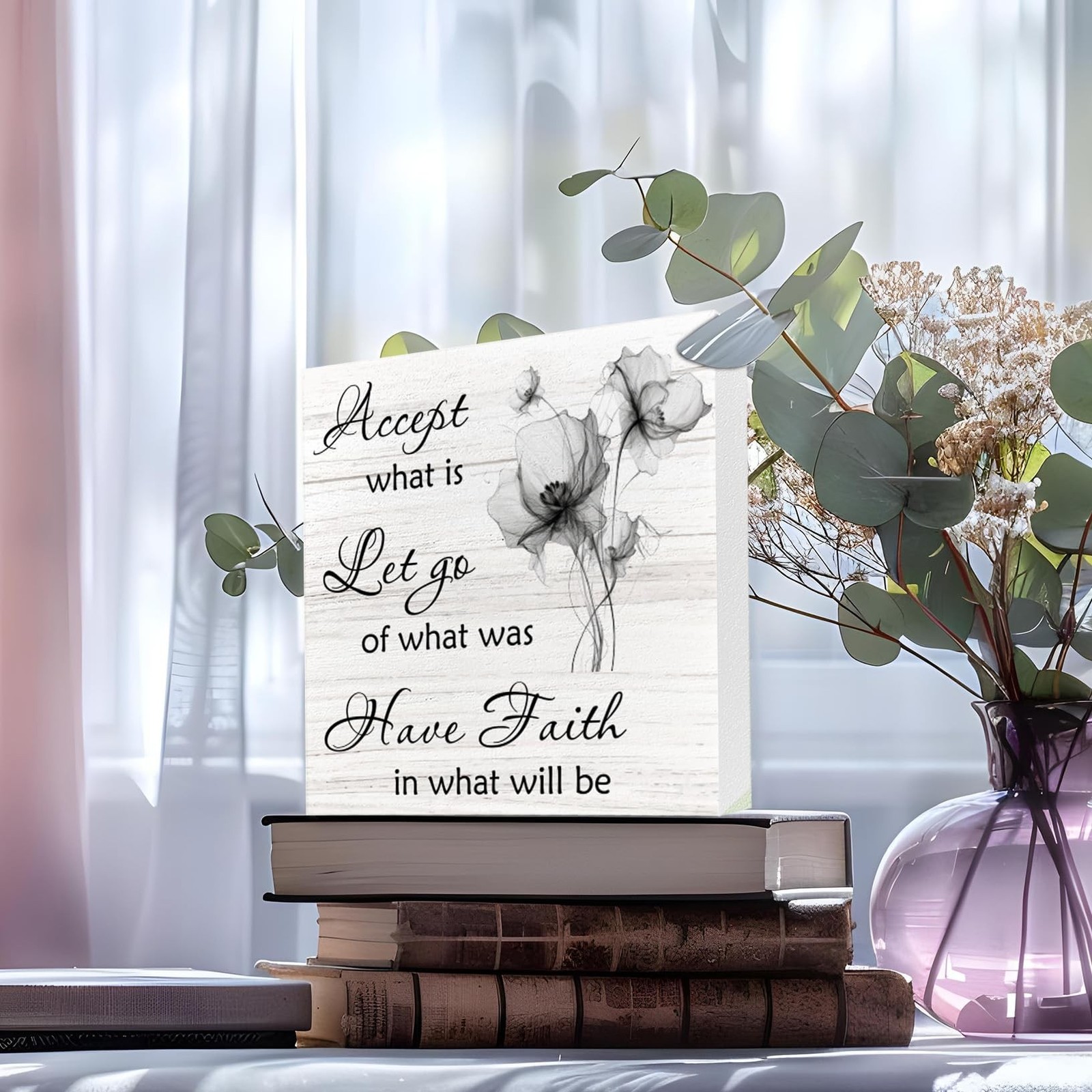 Accept What Is Wooden Sign, Let Go of What Was, Floral Inspirational Desk Dec…