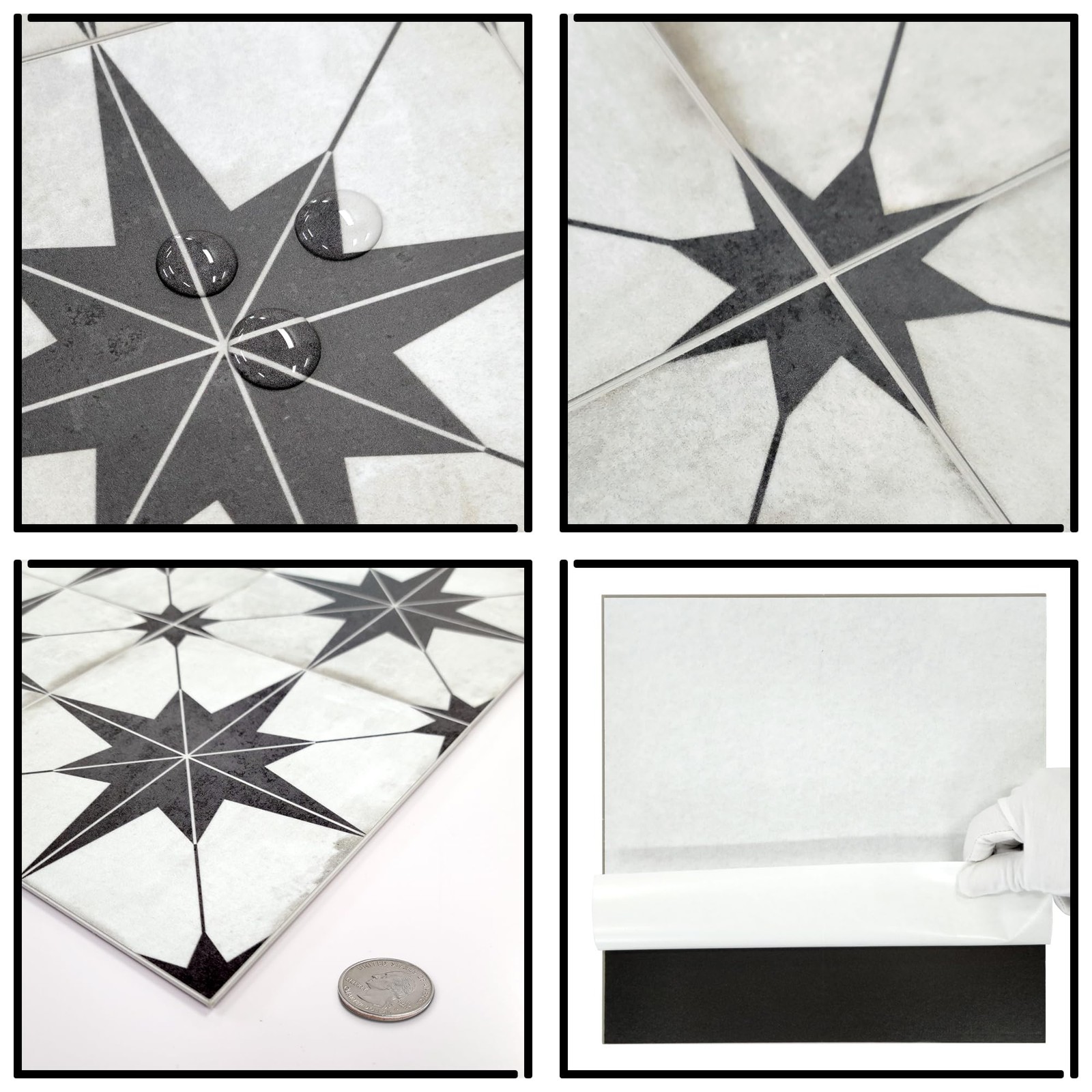 Encaustic Peel and Stick Backsplash, Black Star Patterned Vintage Stick on Ti…