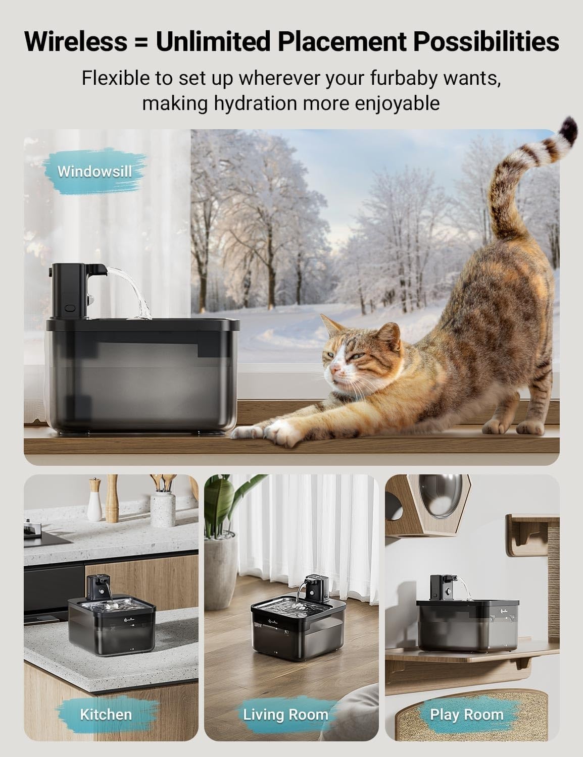 Cat Water Fountain Cordless, 84oz/2.5L Fursink Wireless Pet Water ABS Black