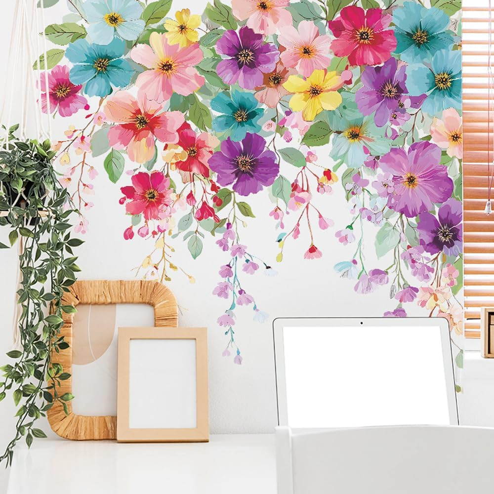 Flower Wall Stickers, Blue Peony & Purple Roses Mural for Room Decor