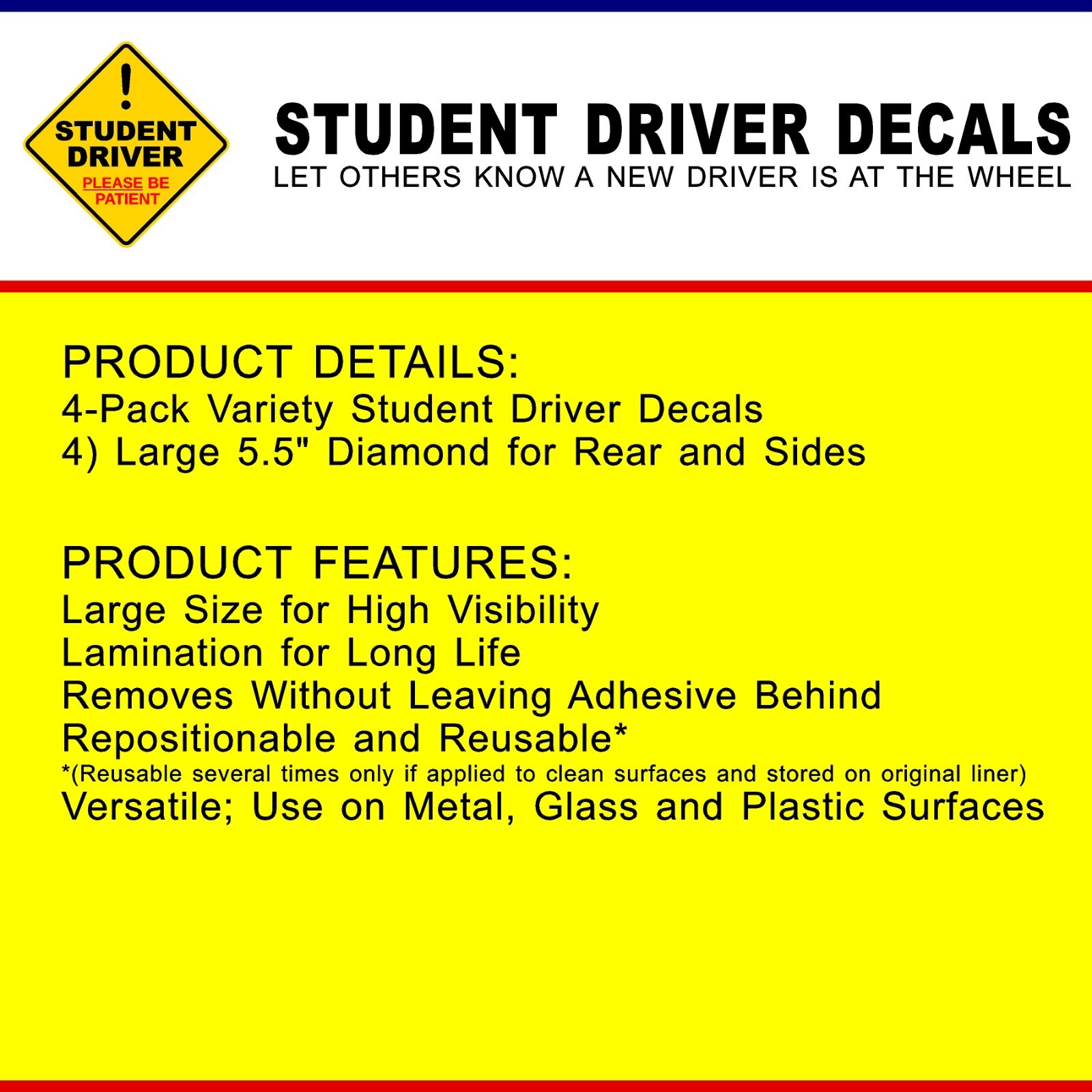 STUDENT DRIVER 4-pack Laminated Removable Diamond Shape High Quality Decals