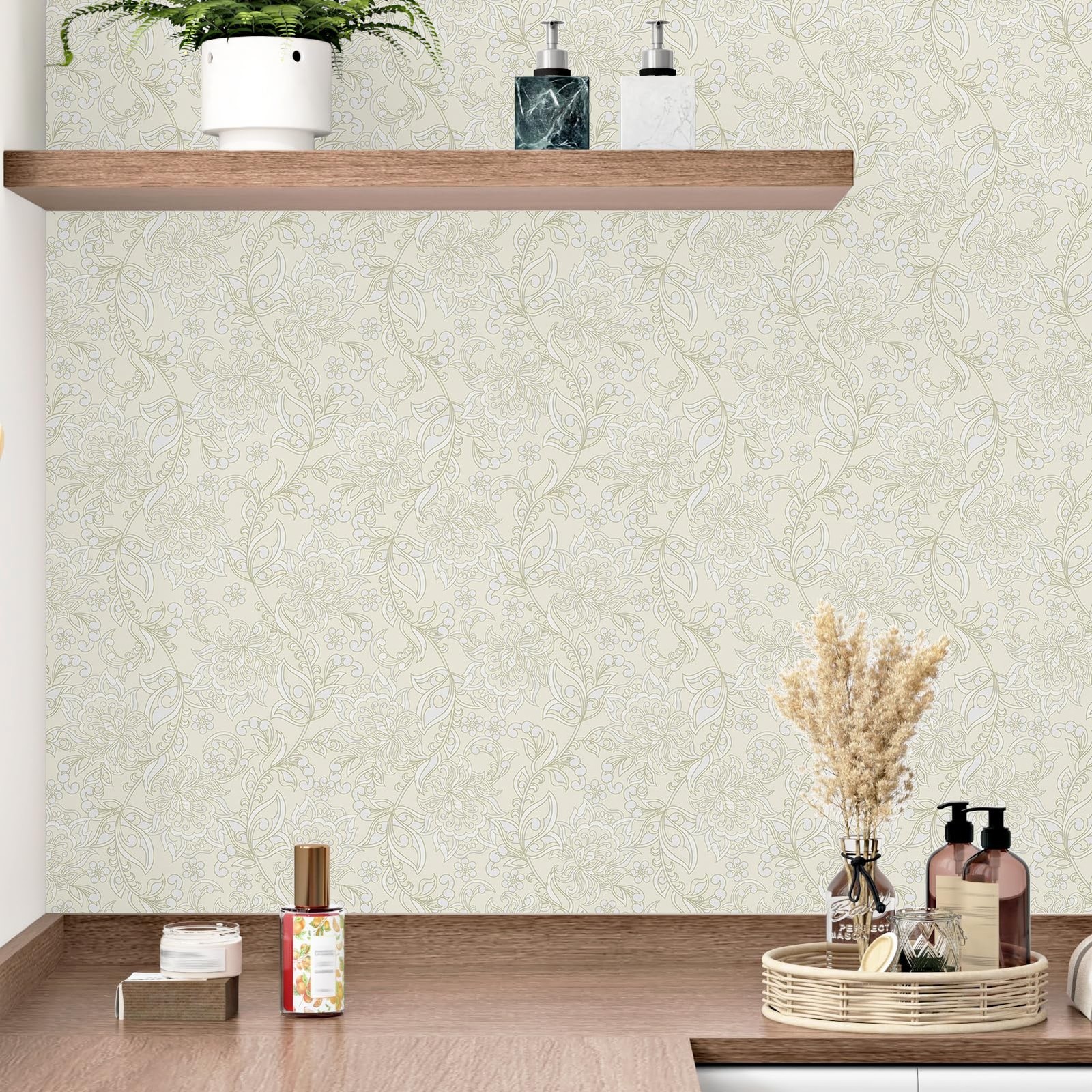 Beige Boho Floral Wallpaper Neutral Tonal Floral Peel and Stick Contact Paper…