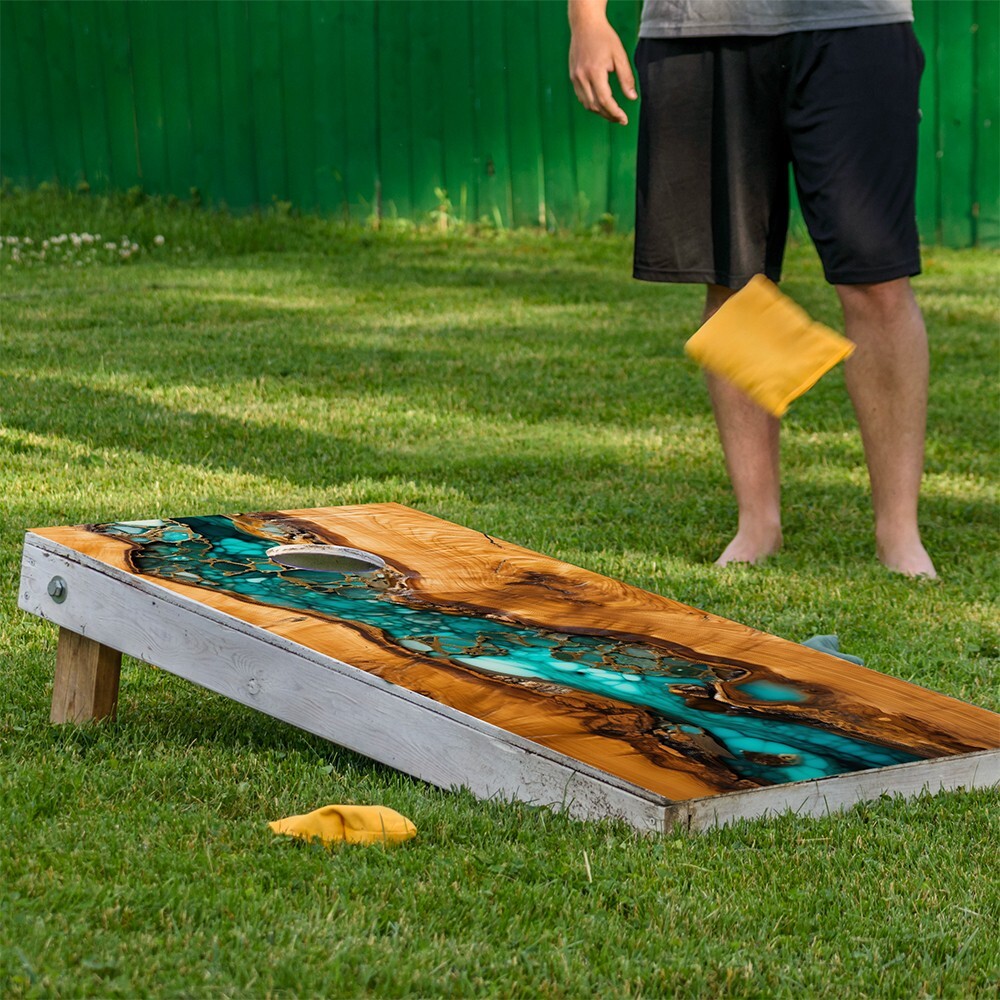 Wood Turquoise Epoxy Cornhole Wraps Stickers Cornhole Skins Cornhole Wraps for B