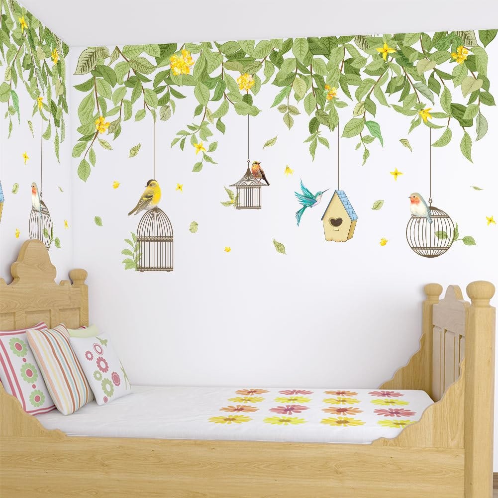 Hanging Green Leaf Wall Stickers Decor Yellow Floral Flower Leaves Bird Cage …