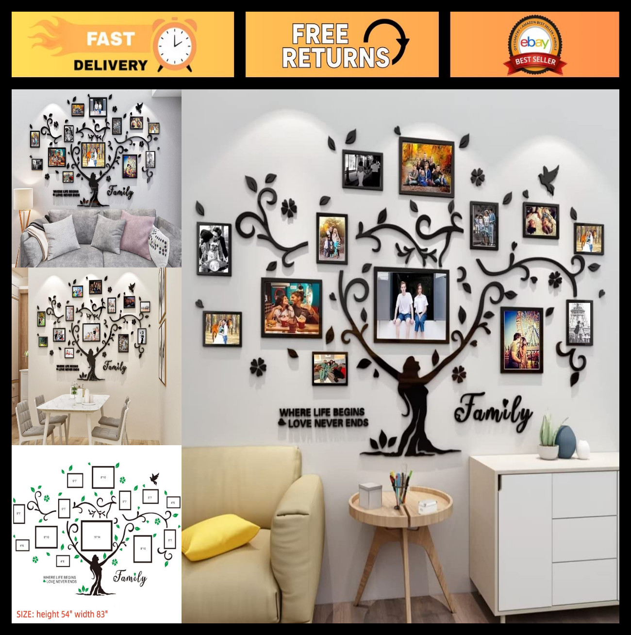 3D Family Tree Wall Decal – DIY Picture Frame Collage Stickers for Living Room