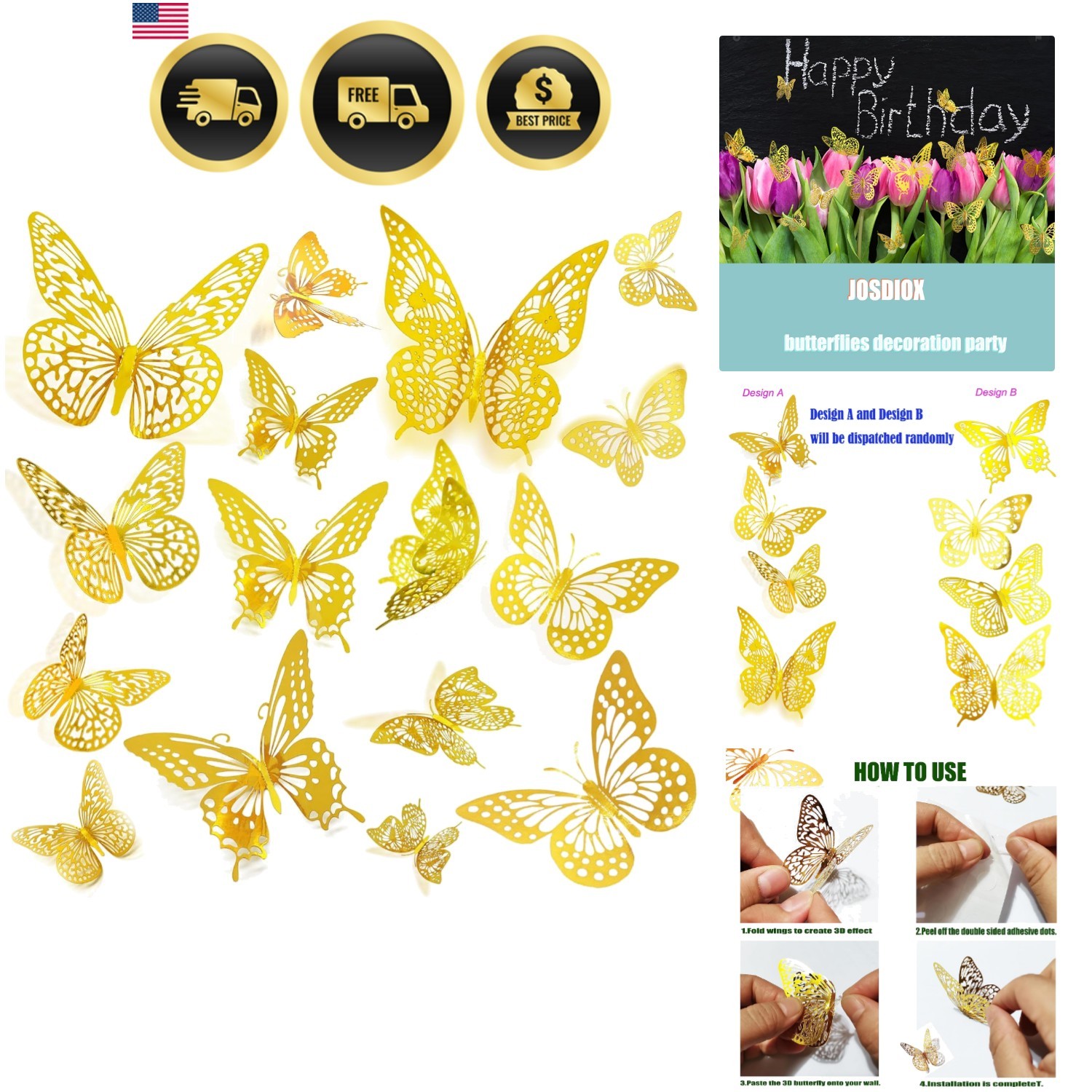3D Butterfly Wall Decor Sticker -48 Pcs, 4 Styles, 3 Sizes Gold Butterflies D…