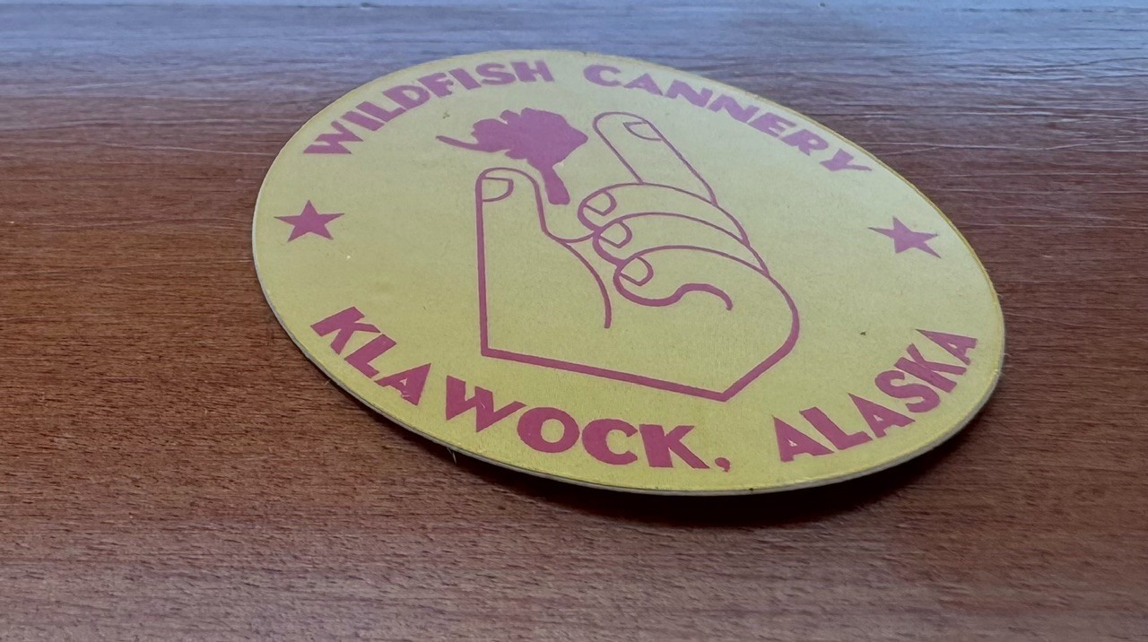 WILDFISH CANNERY KLAWOCK, ALASKA Sticker 2" Yellow Red Prince of Wales Island AK