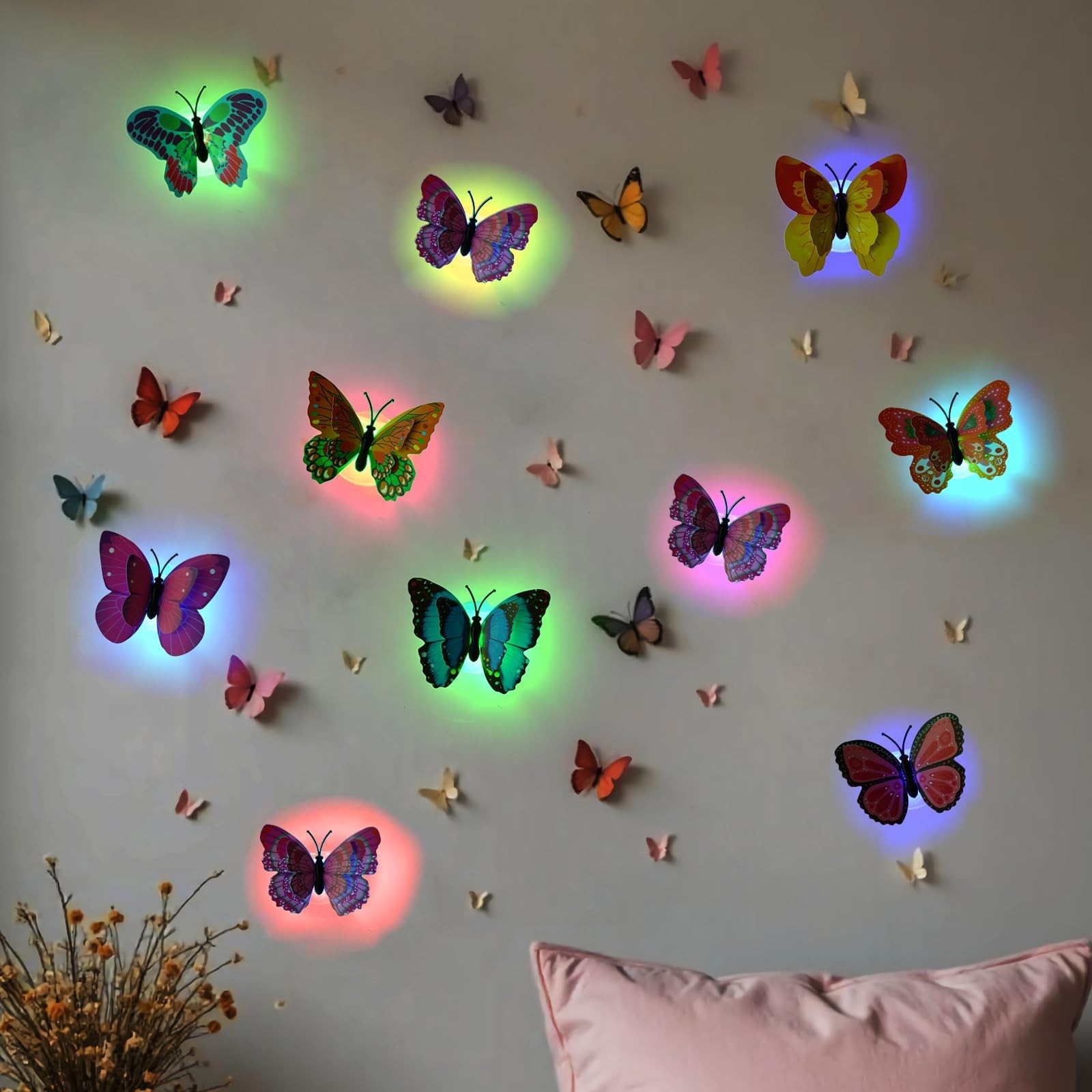 3D Butterfly Wall Decor with LED Lights, Glow-in-the-Dark Stickers, 48 Pcs for B