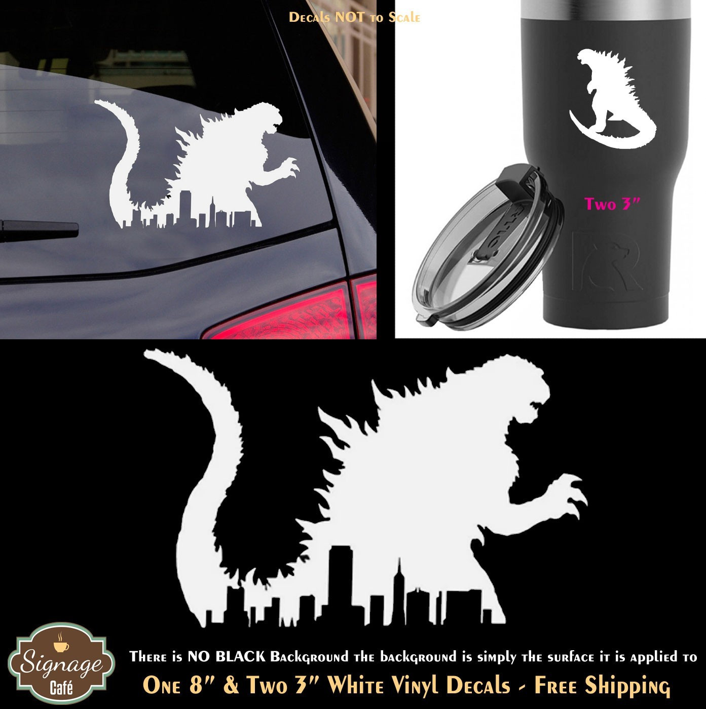 Godzilla New York City Skyline One 8" White Decal Vehicle Any Flat Surface