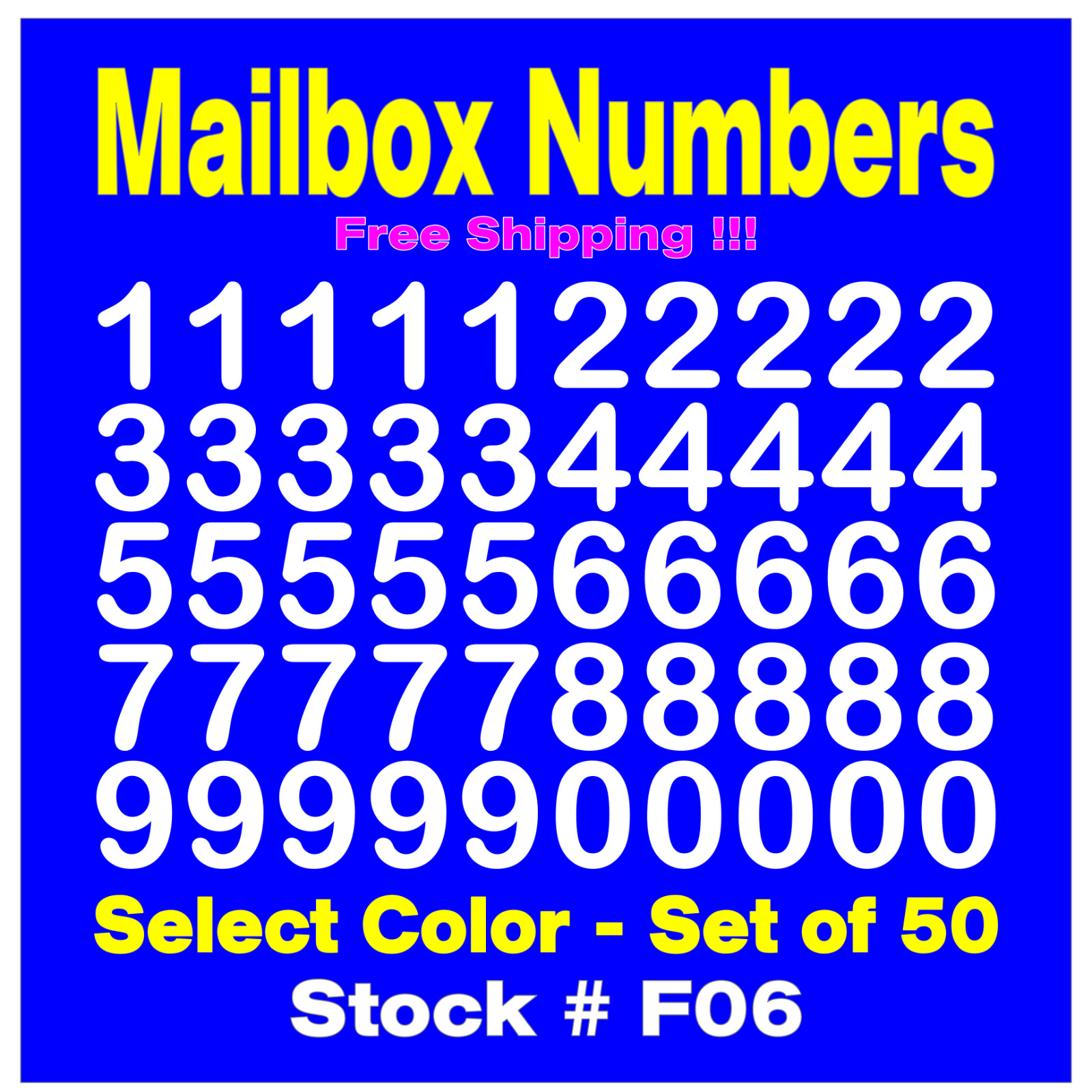Mailbox NUMBER Vinyl Decals Set of 50 Numbers SIZES 1/2" up to 4" STK# F06