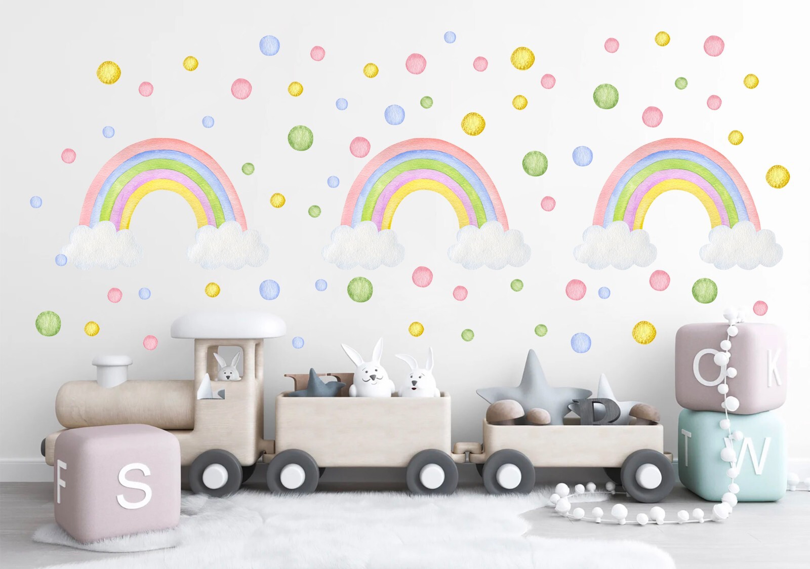 Pink Rainbow bubble dot Girl Bedroom Decal Wall Stickers Peel and Fabric Sticker