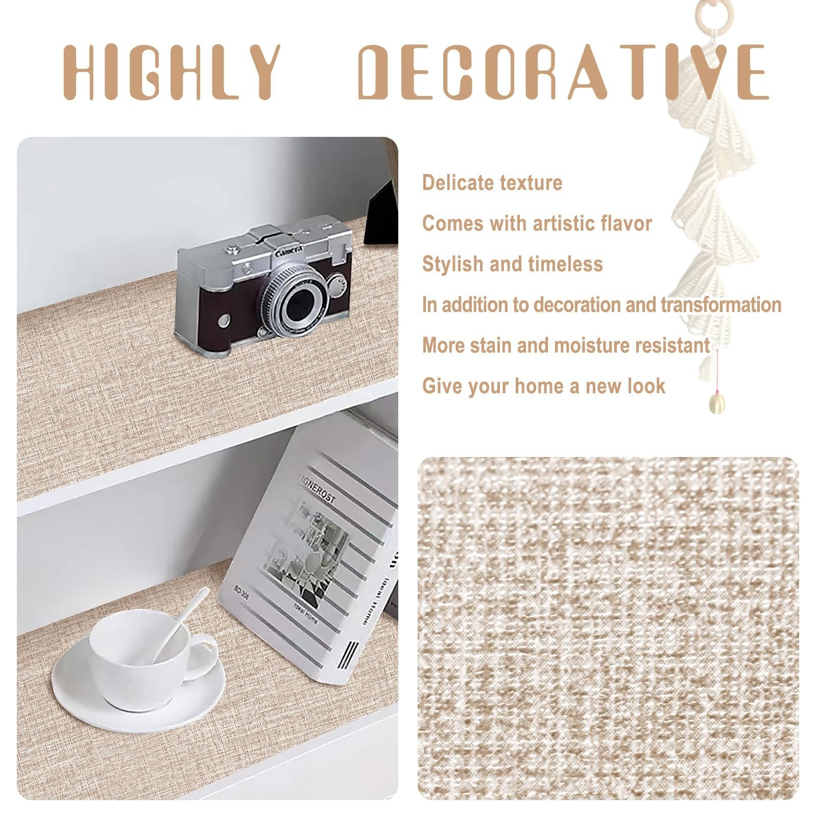 Amiya Grasscloth Khaki Wallpaper 17.3"x80" Peel and Stick Tan Textured Fabric…