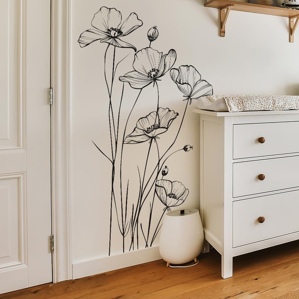 Black and White Poppy Flower Wall Decal Minimalist Sketch Botanical Wall Art …