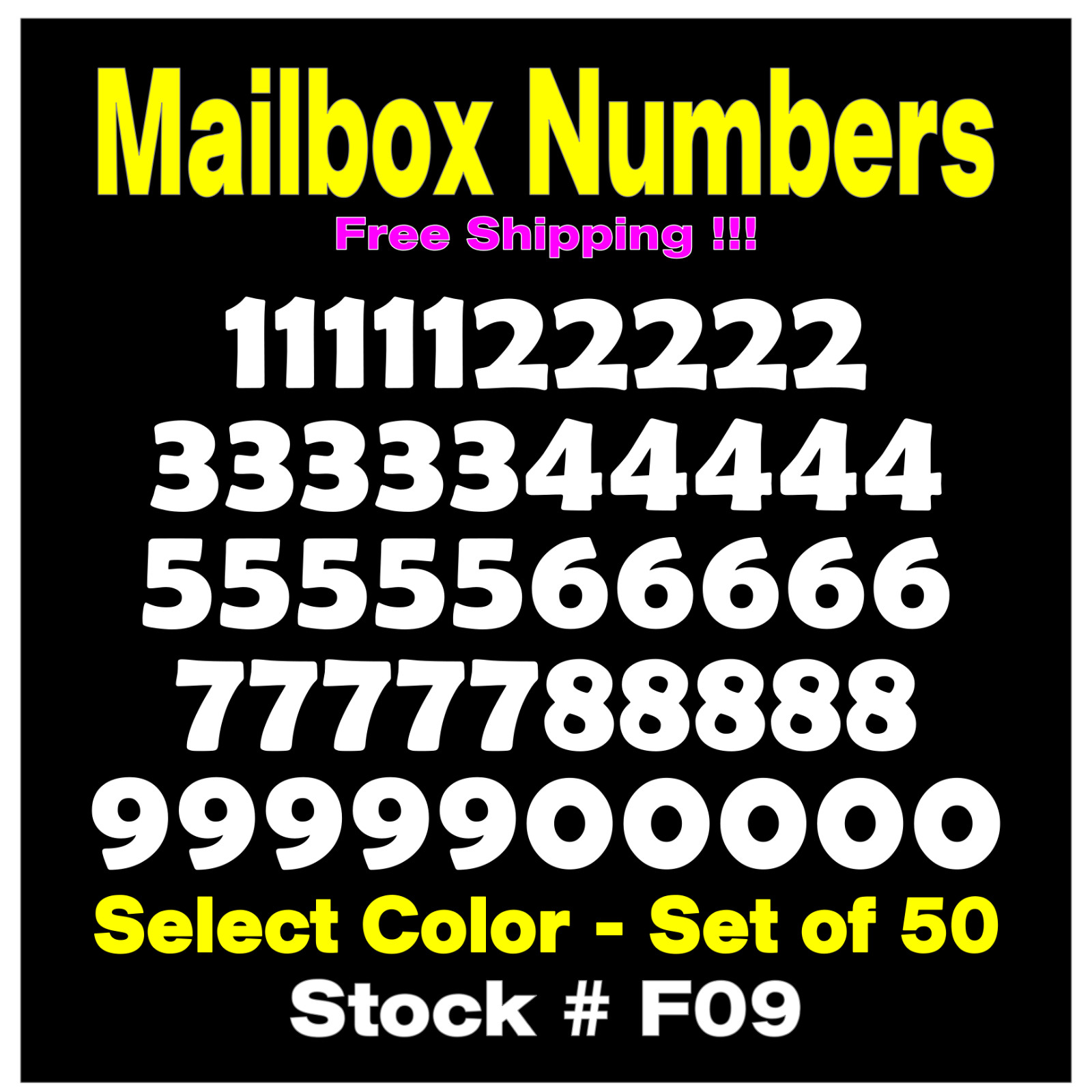 Mailbox NUMBER Vinyl Decals Set of 50 Numbers SIZES 1/2" up to 4" STK# F09
