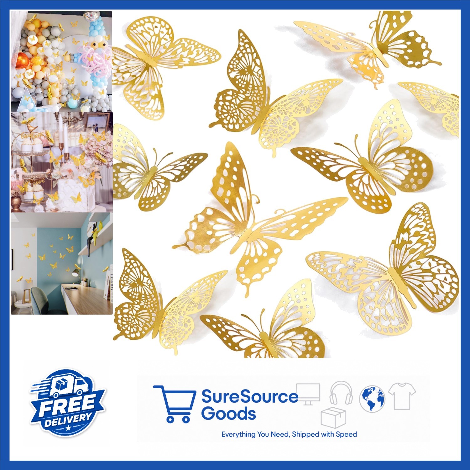48 Pcs 3D Butterfly Wall Stickers Gold Art Deco Decorations for Nursery