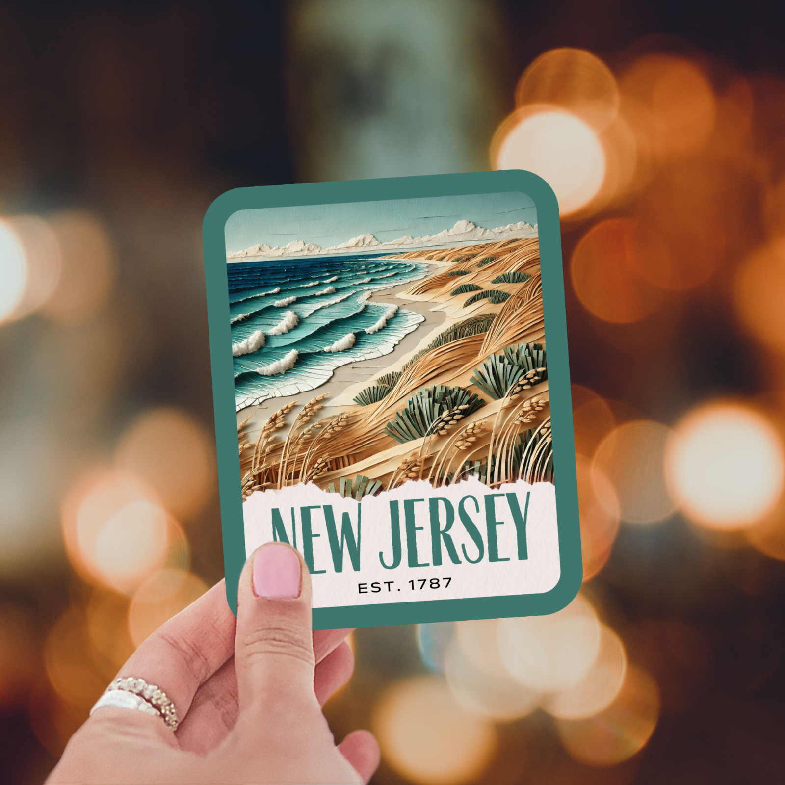 New Jersey State Sticker, Paper Collage Look, Scenic Island Beach Decal