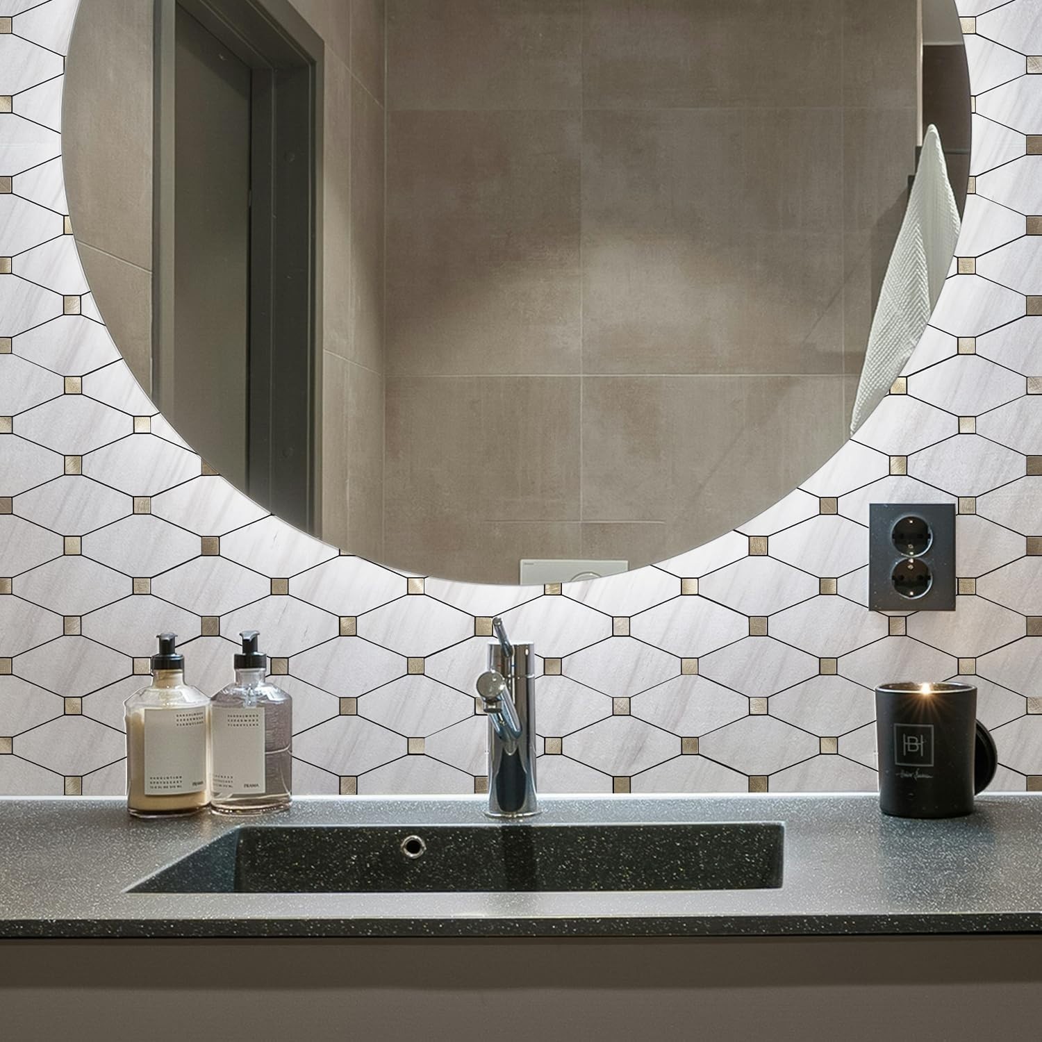 STICKGOO 8 Sheets Peel and Stick Dolomite Mosaic Tile, White Marble/Metal Look