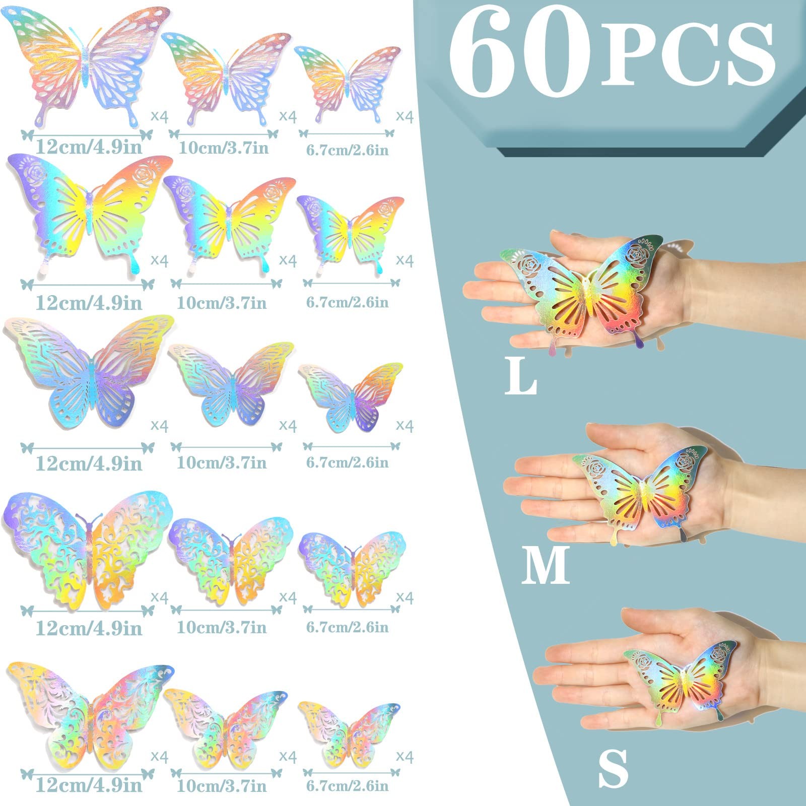 60 Pcs 3D Iridescent Silver Butterfly Wall Stickers, Holographic