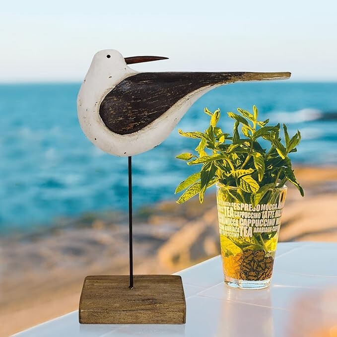 Wooden Sea Bird Statue Seagull On Stand Decor Nautical Coastal Birds Sculpture