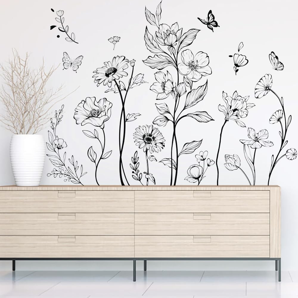 Boho Black Flower Wall Decals Simple Wildflower Floral Wall Stickers for Girls B