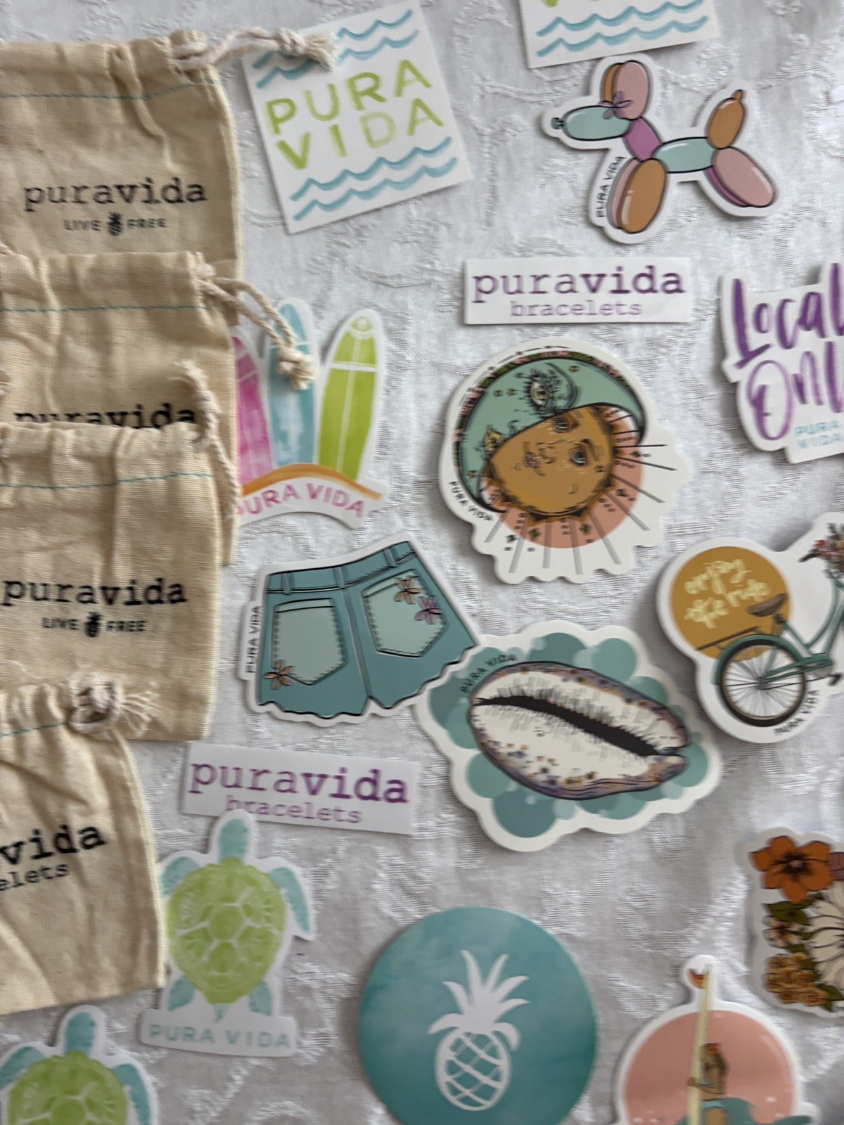 Pura Vida Sticker Lot Of 20 Logo Beach Island Themed and 9 bags and box