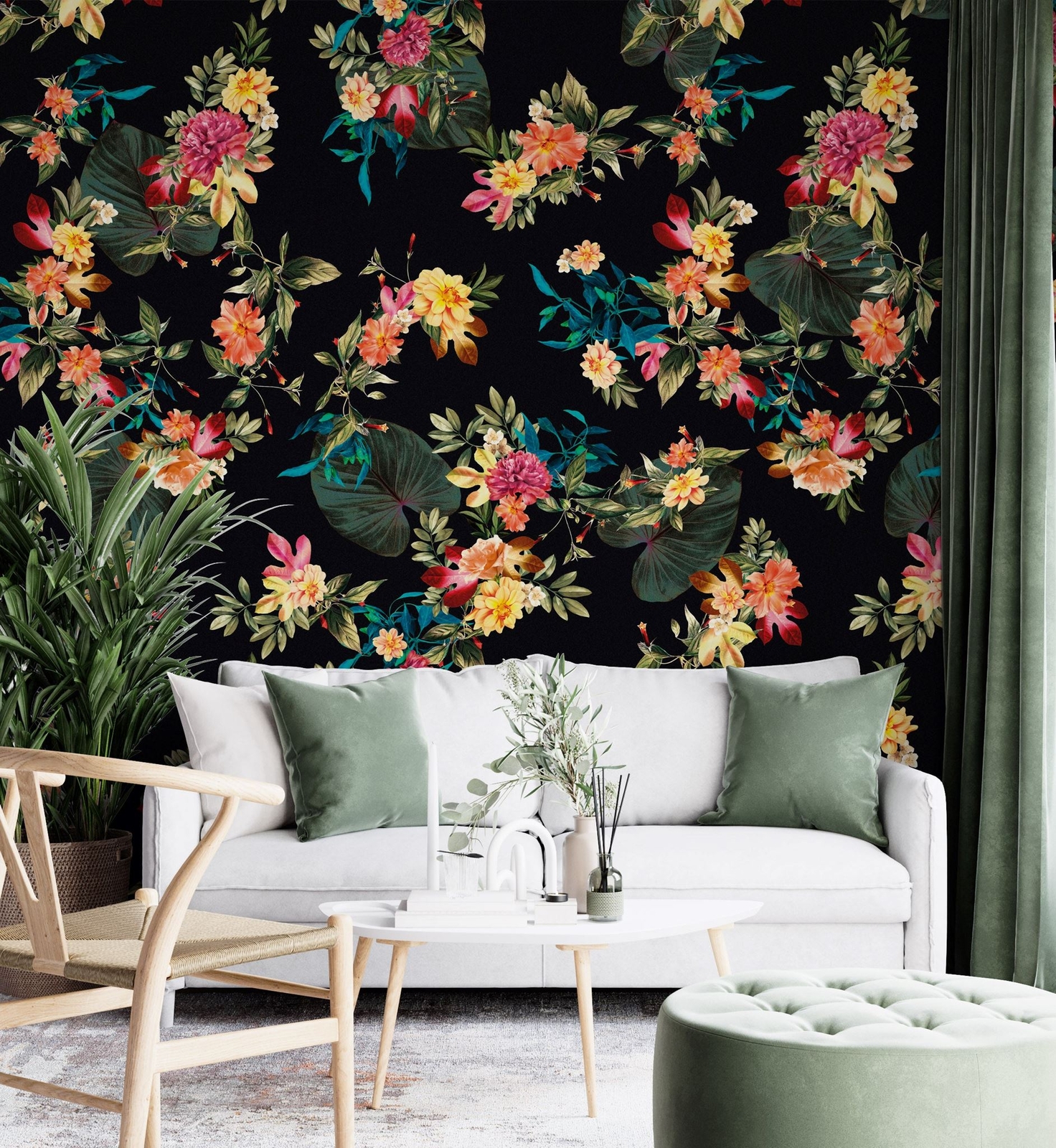 Tropical Flower Wall Mural. Paradise Botanical Flowers and Leave Black Backgroun