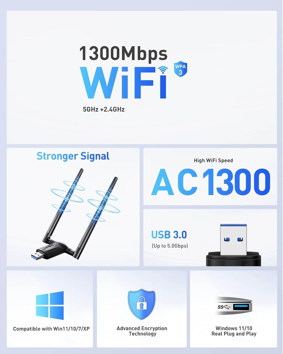 USB WiFi Adapter for Desktop PC – 1300Mbps Wi-Fi 5G 2.4G USB 3.0 Wireless Ada…
