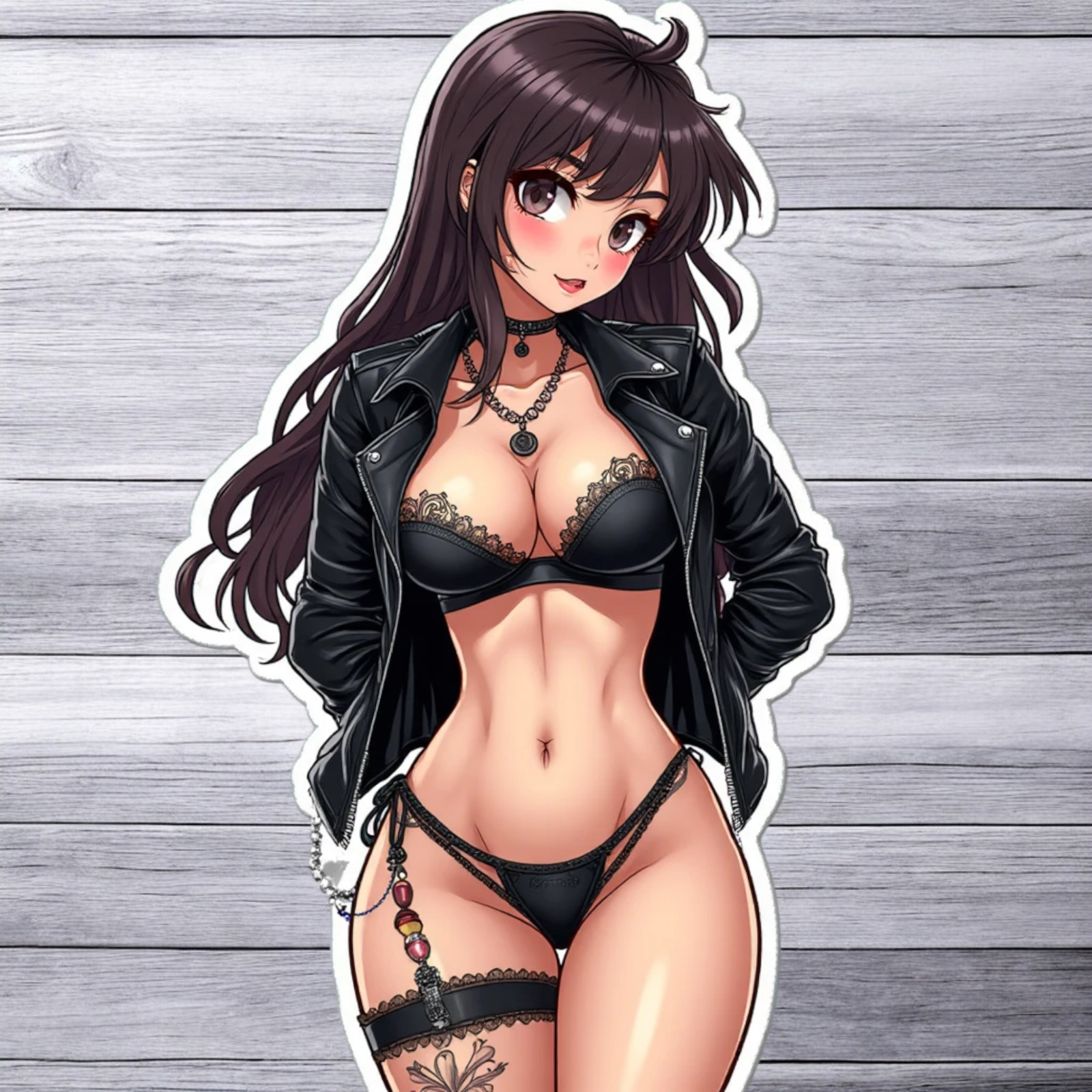 Pinup girl sticker vinyl decal anime girl black lingerie leather jacket art