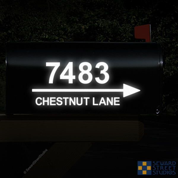 Reflective Mailbox Address Decal, Custom Arrow Street Name 4"h x 10"w – #1338R