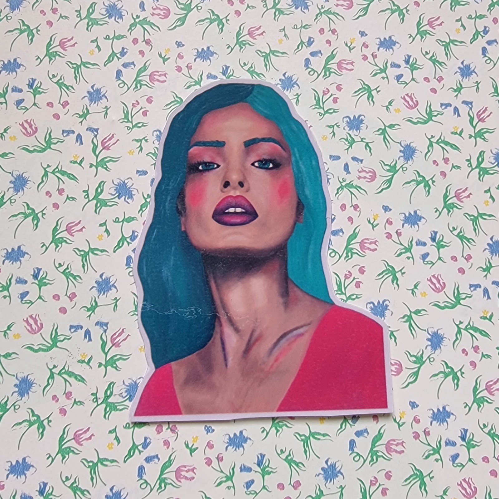 Latina Woman Vinyl Sticker, Blue Green Hair Abstract Art Sticker, Girl Power