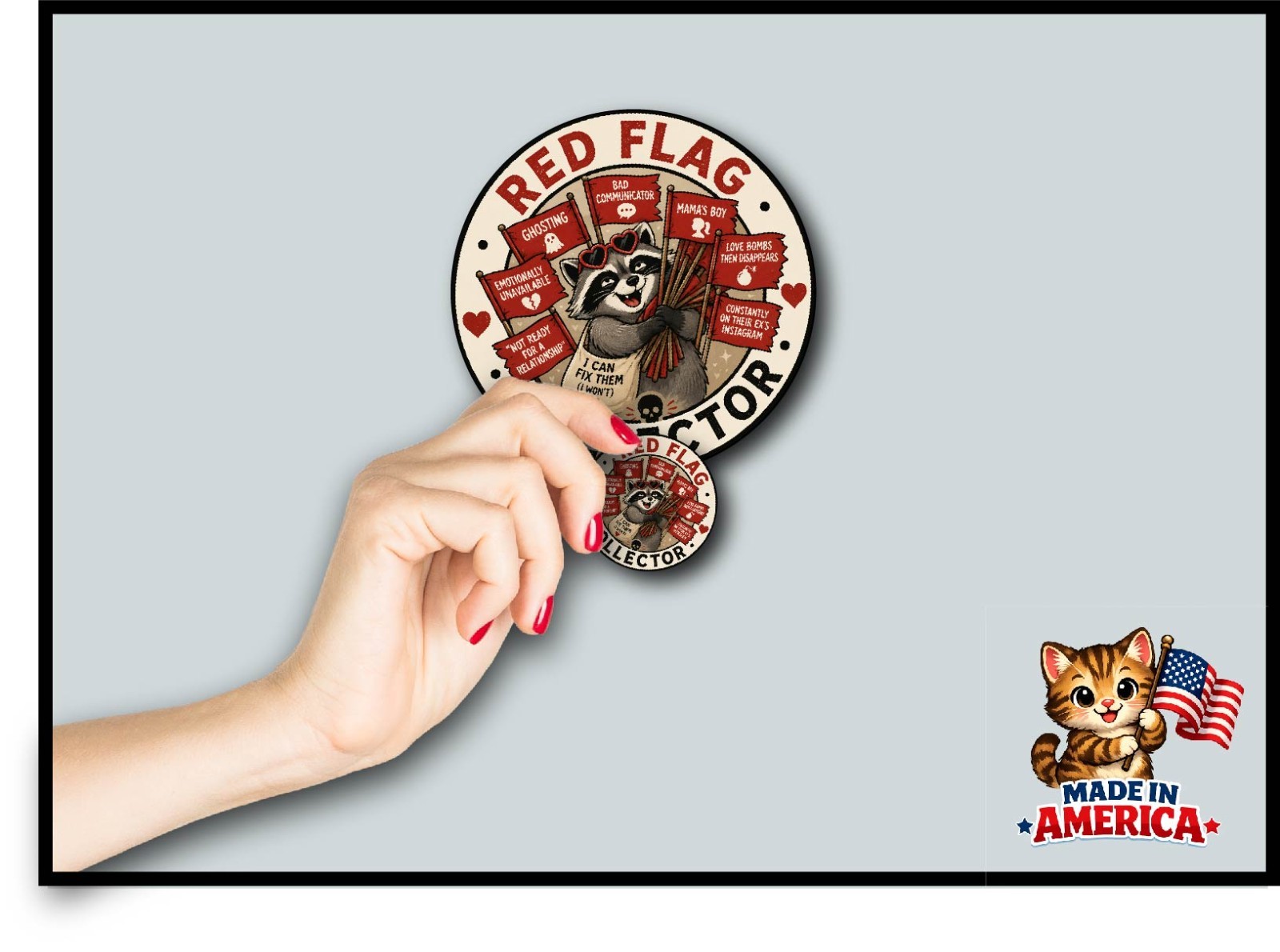 Red Flag Collector Funny Decal Sticker Raccoon Dating App Single Life Adulting