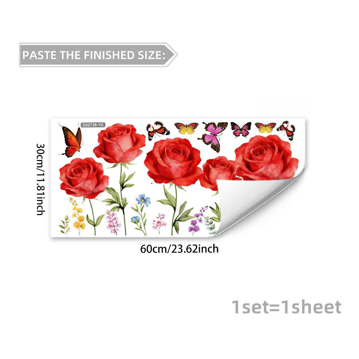 Floral Art Static Cling Sticker Red Roses Butterflies PVC 11.81 x 23.62 inches