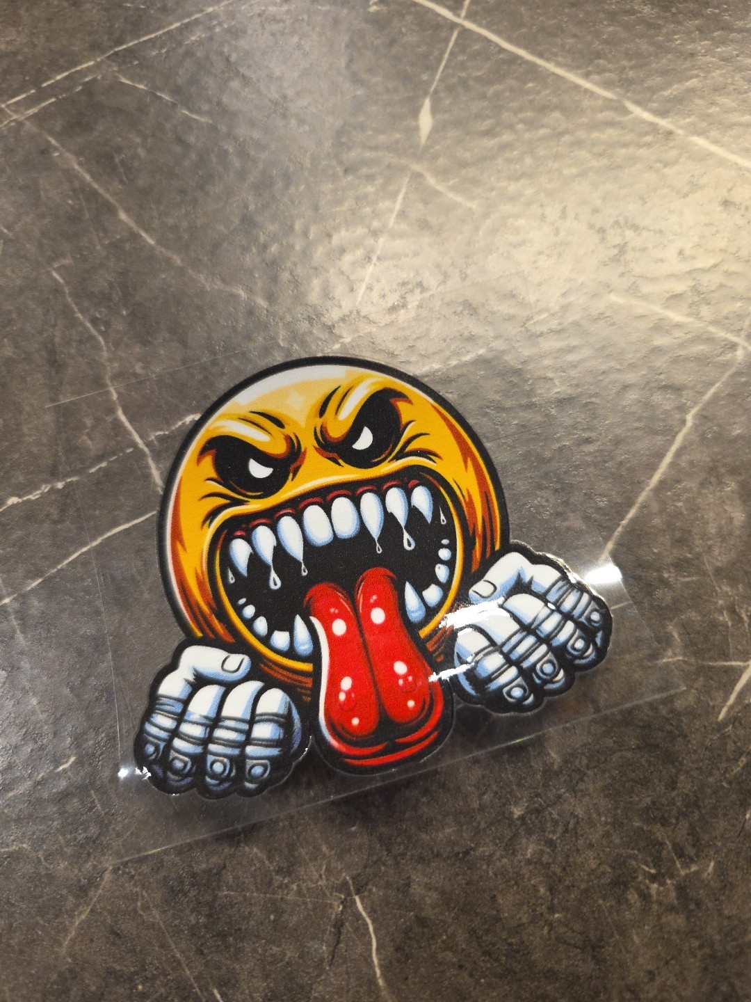Excited Evil Smiley Face Tongue Out Fangs UVDTF Raised Decal Sticker Waterproof