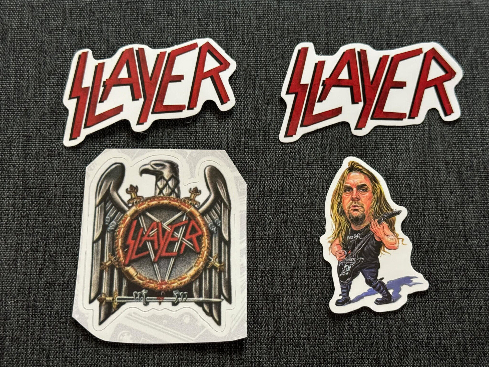 Lot of 4 SLAYER 1 1/2" to 2 3/4" Band Logo STICKERS Jeff Hanneman FREE SHIP