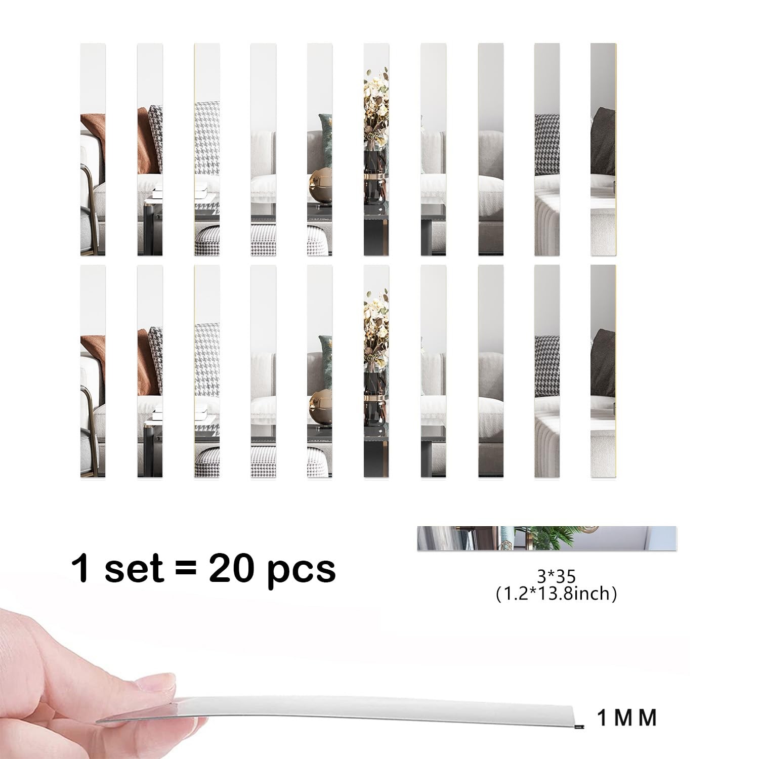 20 pcs Strip Acrylic self-Adhesive Mirror Tape Border – Removable cuttable Mi…