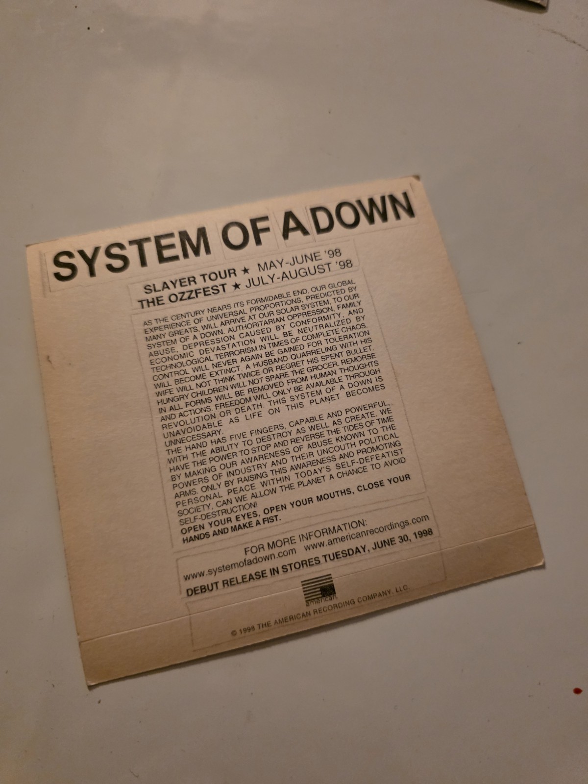 system of a down vintage rare 1998 sticker ozzfest Slayer nu metal 4×4 rock oop