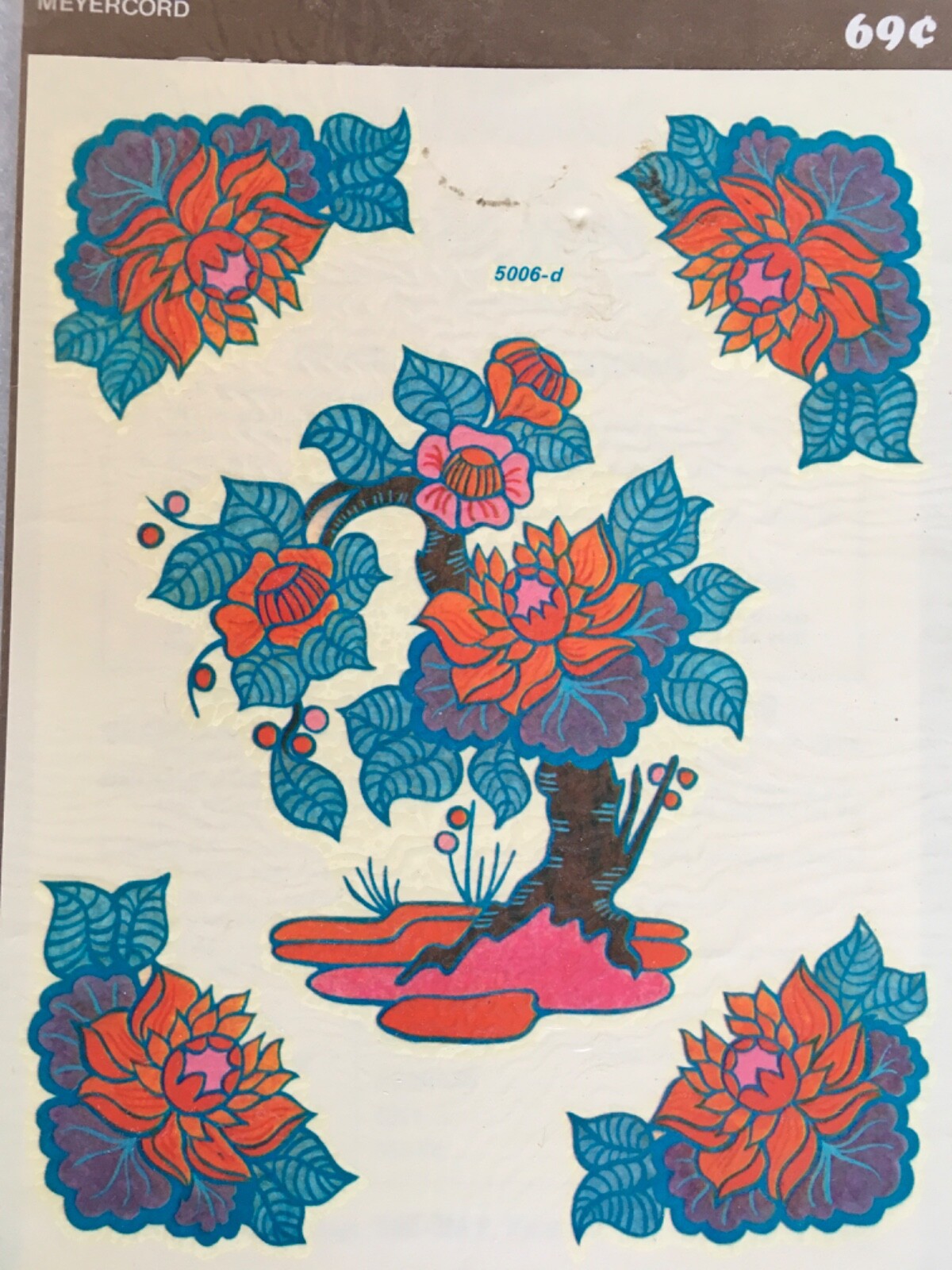 NOS 1970’s Meyercord bonsai Tree color water decal Flowers Red Pink Dahlia