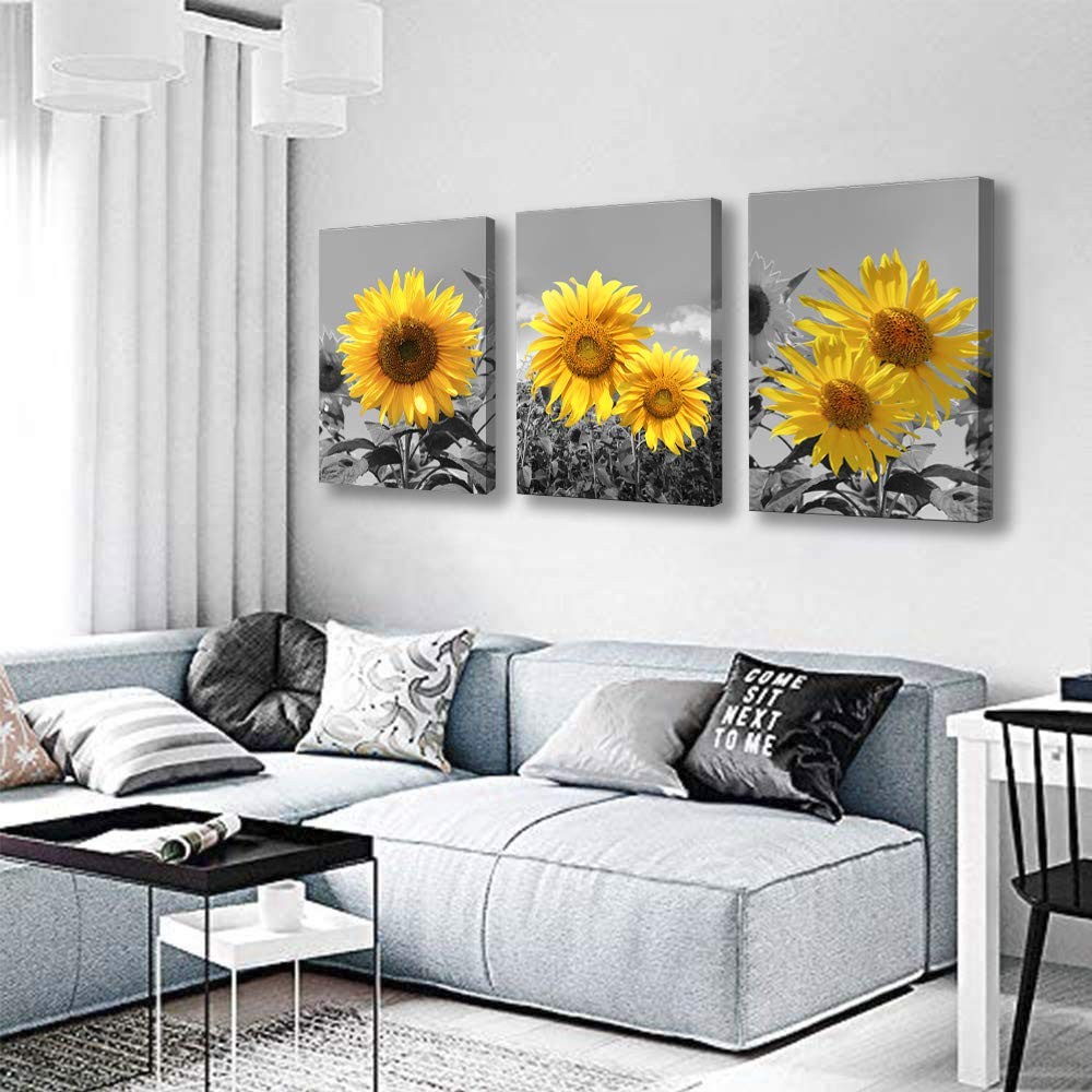 Sunflower Wall Art for Living Room Black White Flowers Wall Decor Yellow Flor…