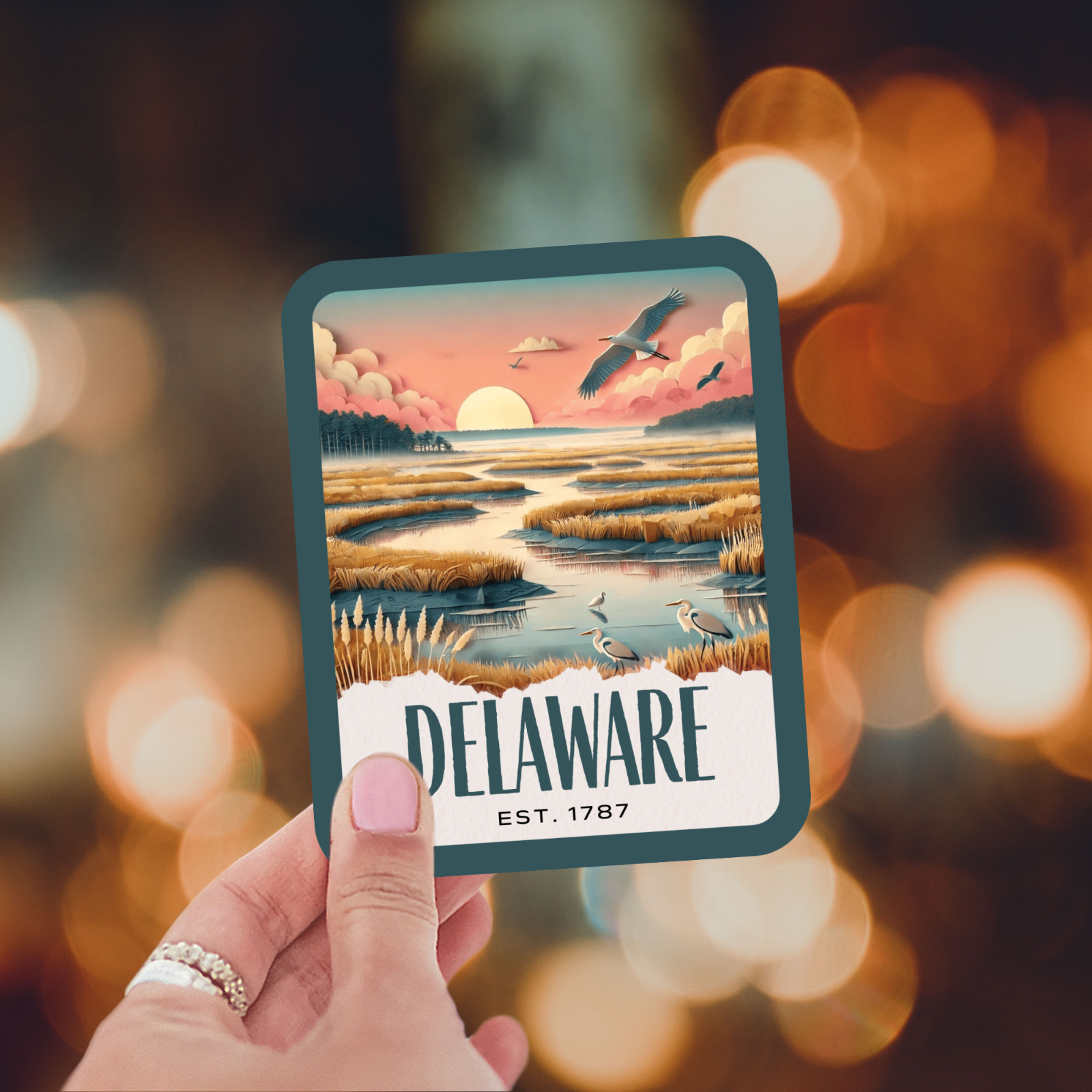 Delaware State Sticker, Paper Collage Look, Scenic National Wildlife Area Decal