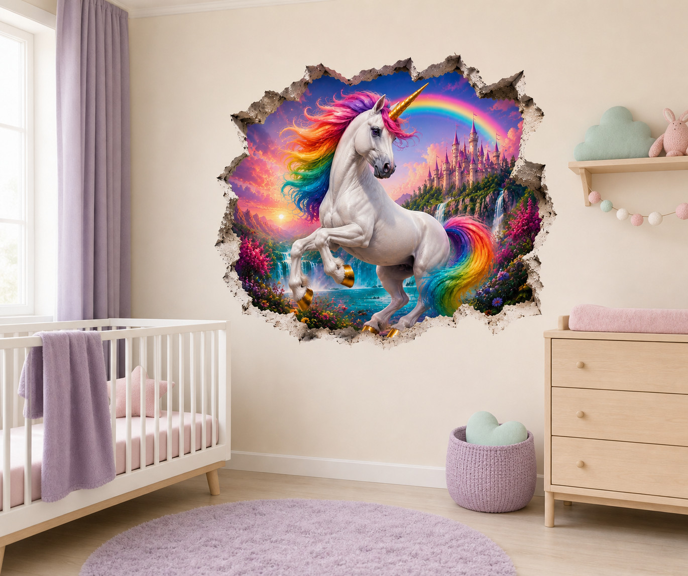 3D Unicorn Wall Decal Rainbow Castle Sticker Fantasy Girls Room Decor M-108