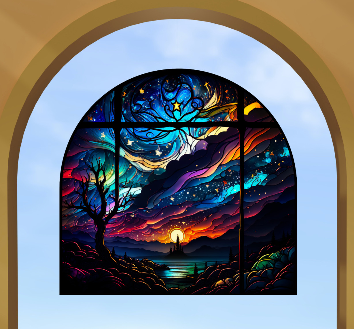 Suset on Starry Night Faux Stained-Glass WINDOW CLING Size 8.5" Arch ~ Vinyl