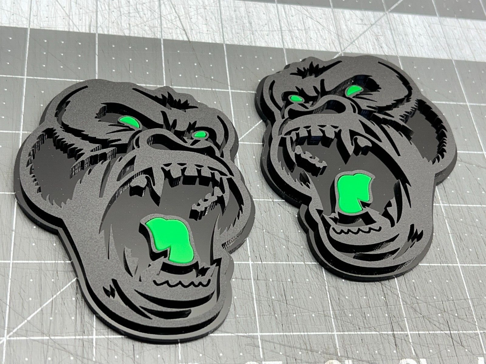 Angry Gorilla Green Eye Car Truck Emblem Badge Matte Black /Black Custom PK of 2