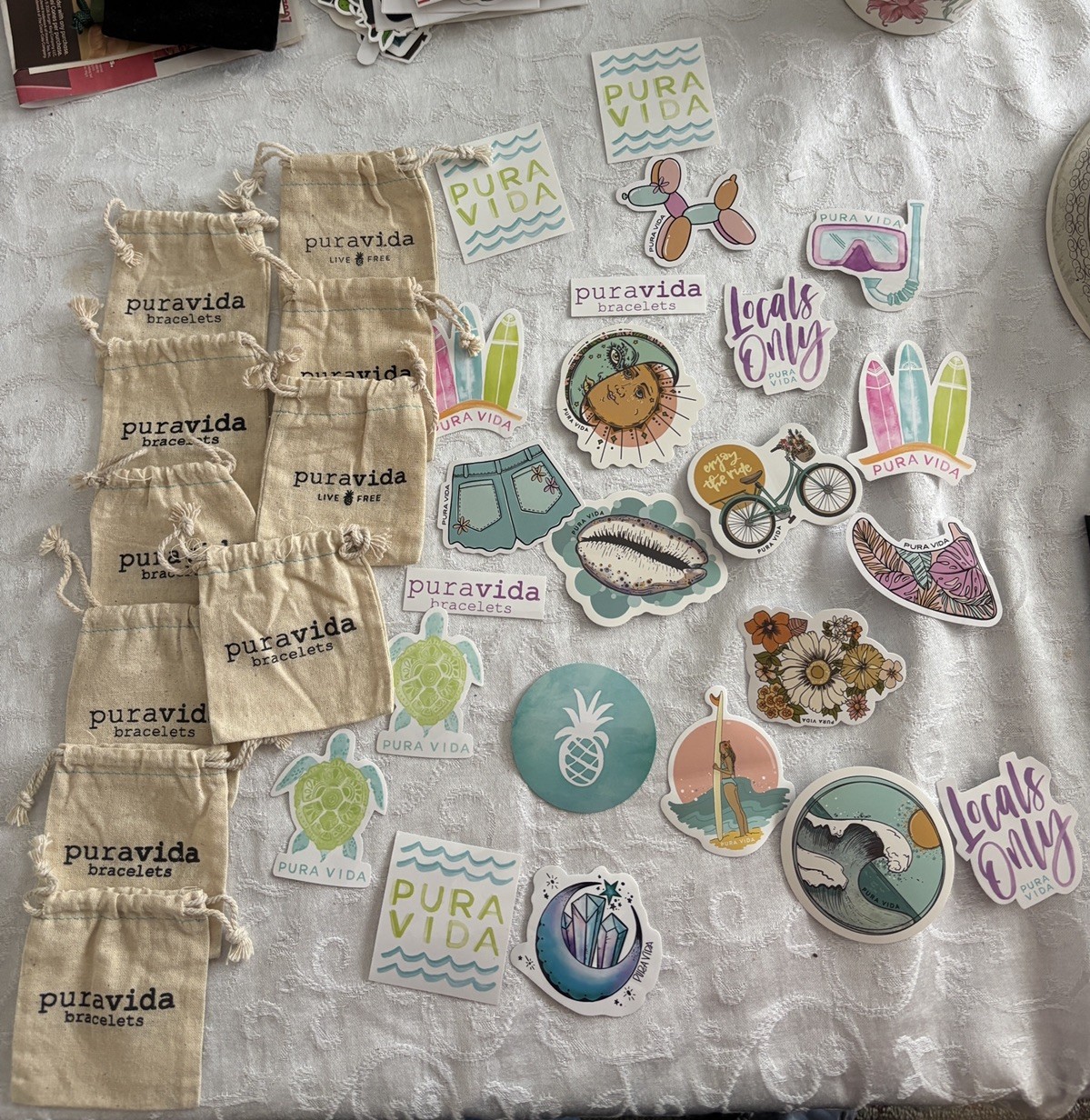 Pura Vida Sticker Lot Of 20 Logo Beach Island Themed and 9 bags and box