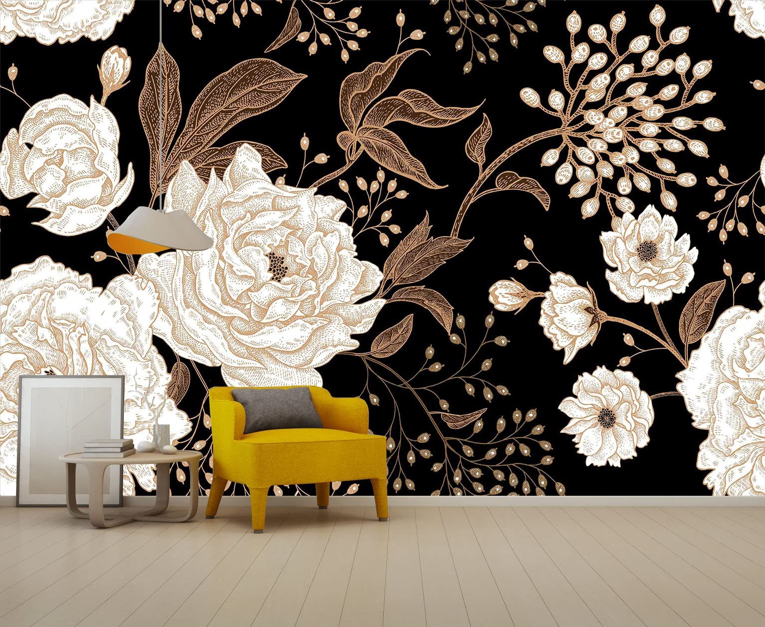 Wall Mural Peonies and Roses Floral Vintage Wallpaper Seamless Gold White Flo…