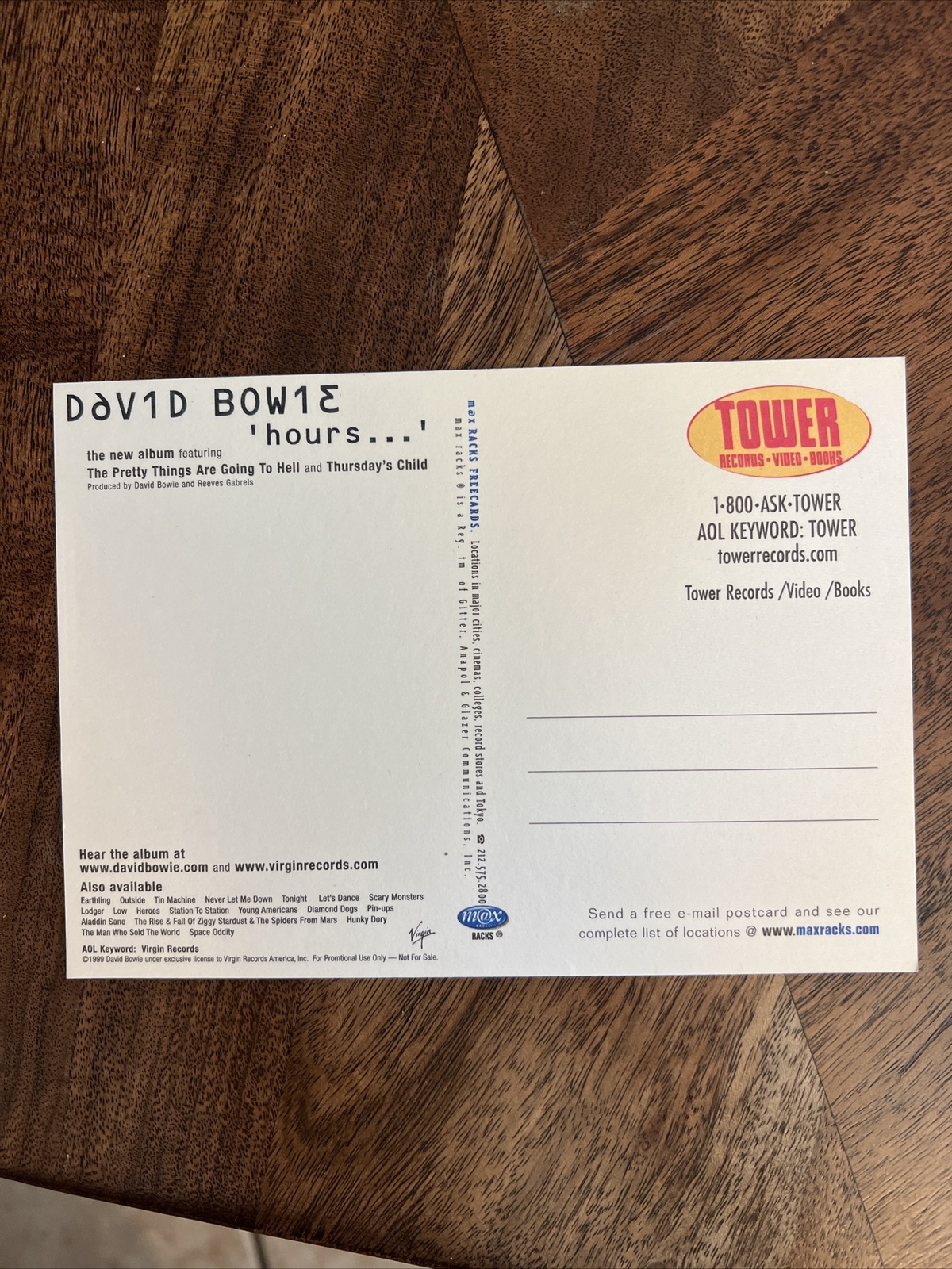 David Bowie Promo Postcard Tower Records Official Vintage 1999 Hours SHIPS FREE