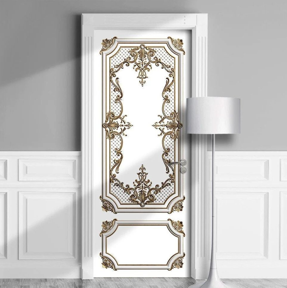 Classic Door Wrap Mural | White with Gold Curves | Single Piece, Self-adhesive
