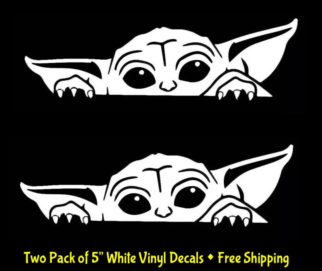 Baby Yoda Peeking Two Pack 5" White Vinyl Decals Car Truck Window laptop tablet
